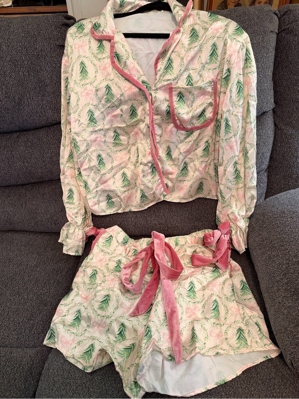 Women’s Green & Pink Printed Pajama Set with Velvet Trim